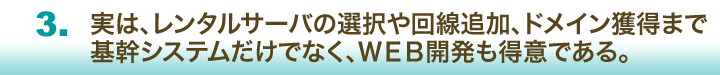 ３．実は、レンタルサーバの選択や回線追加、ドメイン獲得まで基幹システムだけでなく、ＷＥＢ開発も得意である。