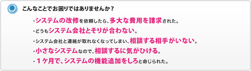 ・システムの改修を依頼したら、多大な費用を請求された。　　・どうもシステム会社とそりがあわない。　　・システム会社と連絡が取れなくなってしまい、相談する相手がいない。　　・小さなシステムなので、相談するに気がひける。　　・１ヶ月で、システムの機能追加をしろと命じられた。